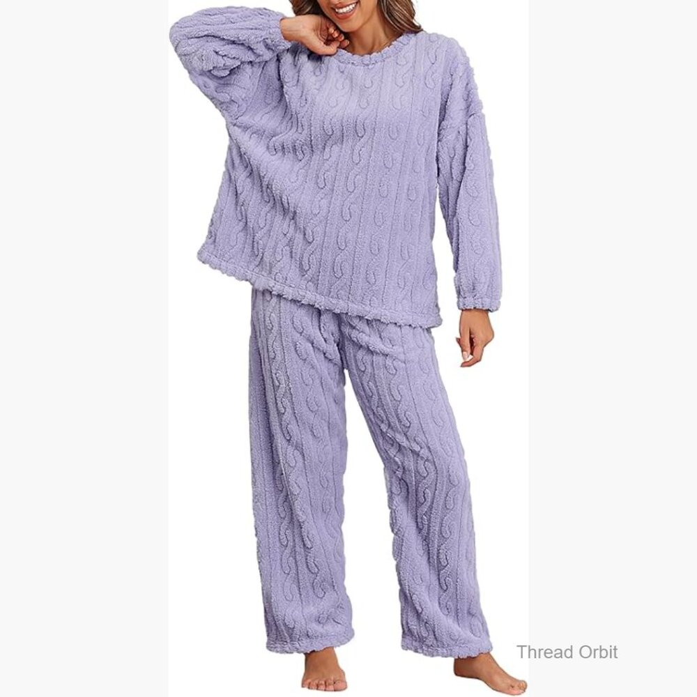 Soft Fleece Pajama Set Long Sleeve Pullover Ribbed Lounge Sleepwear 2 Piece